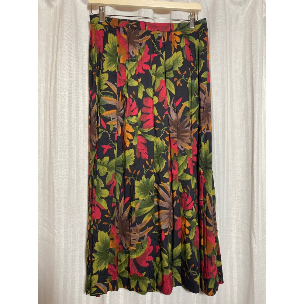 Vintage 90's Bohemian‎ Tropical Midi Skirt Leaf Print Black Norton McNaughton 12